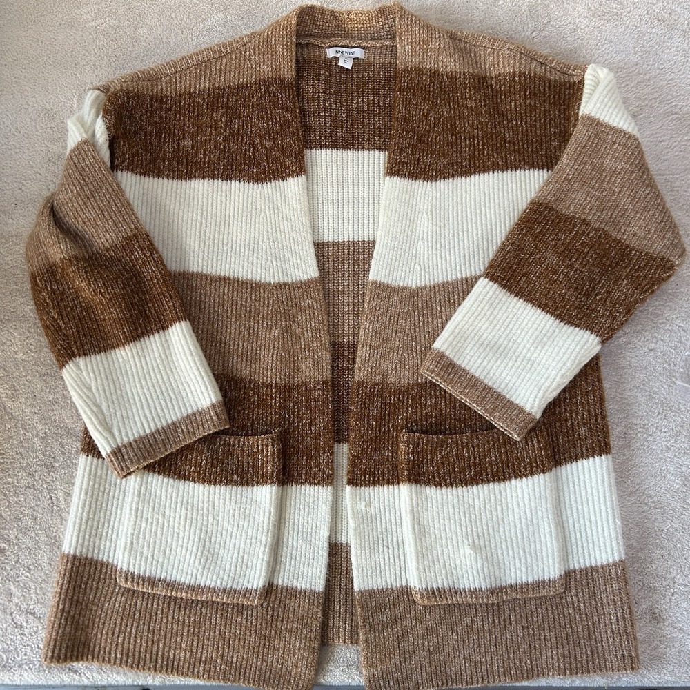 NWOT Women's Nine West‎ Brown Tan Colorblock Striped Open Front Cardigan Size XL